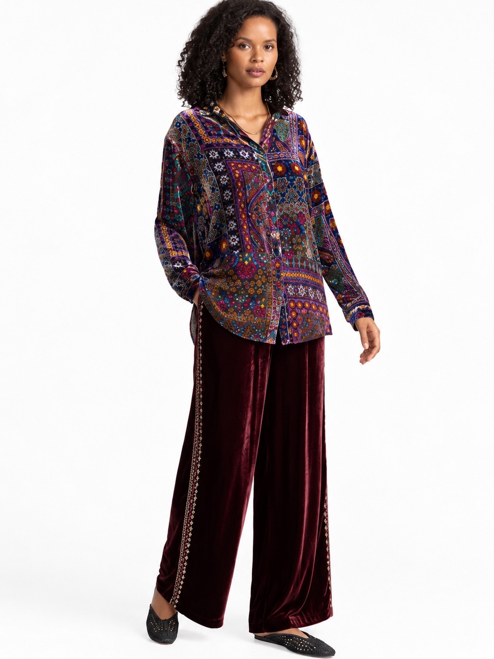 New Johnny Was Pants Women's S Wide Leg Velvet Burgundy Pants Silk Blend Sz XS
